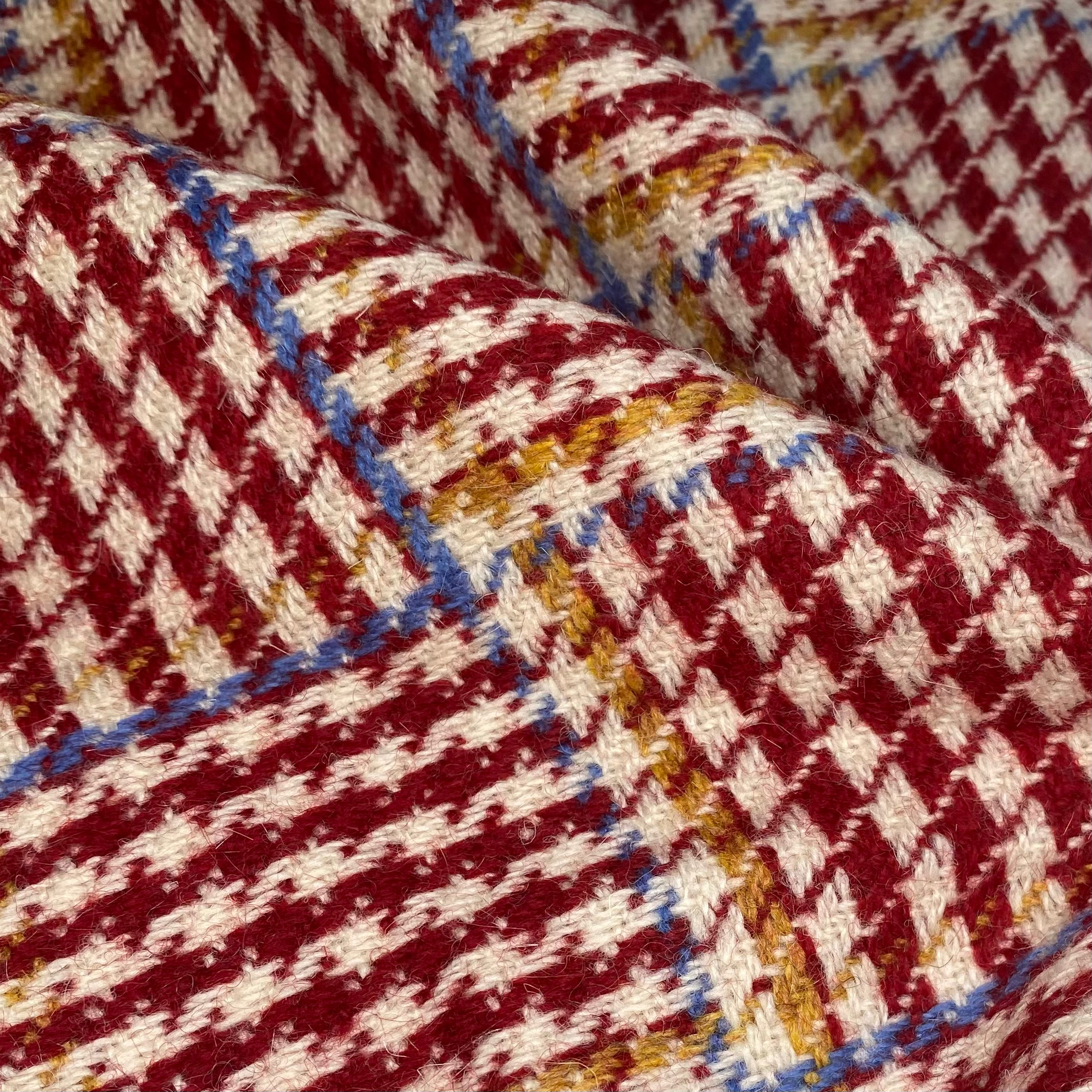 Houndstooth Plaid Wool Coating- Red/Cream/Light Blue/Yellow