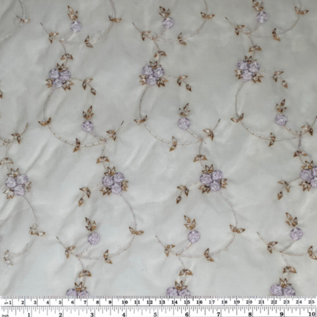 Embroidered Silk Organza - 42” - Off White/Purple/Brown