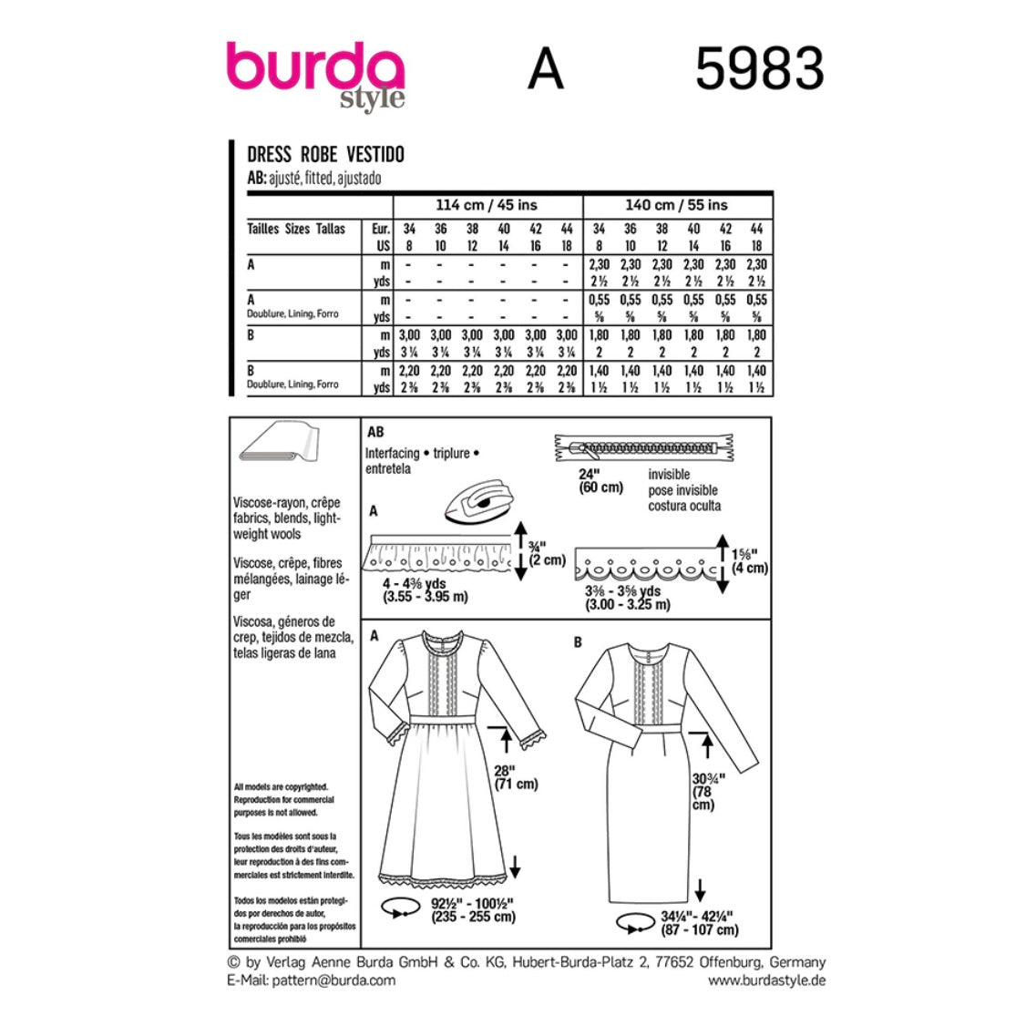 Dress with Waistband and a Wide or Narrow Skirt Sewing Pattern - Burda Style 5983