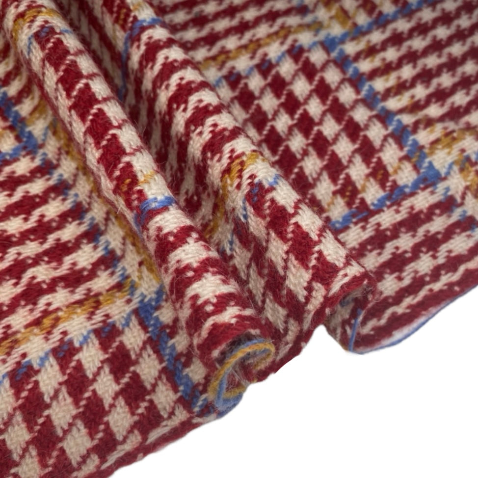 Houndstooth Plaid Wool Coating- Red/Cream/Light Blue/Yellow
