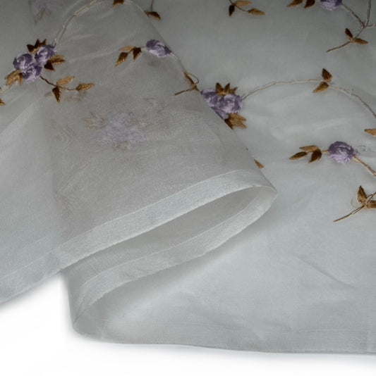 Embroidered Silk Organza - 42” - Off White/Purple/Brown