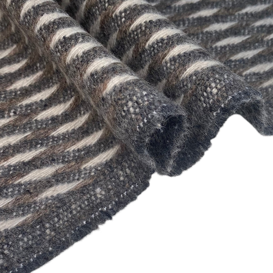 Patterned Wool Coating Diagonal Stripes - Grey/Cream/Brown