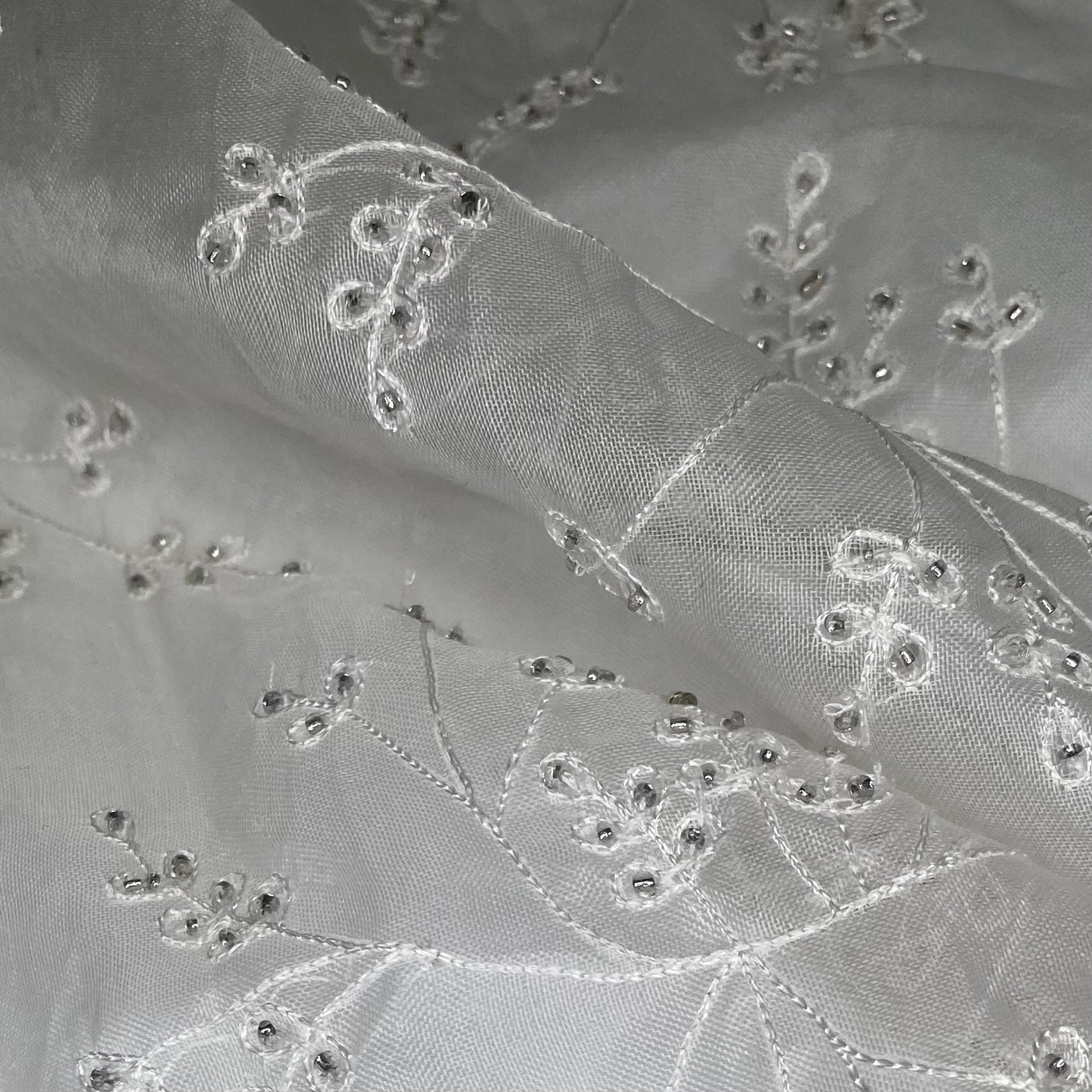 Embroidered Beaded Silk Organza - White