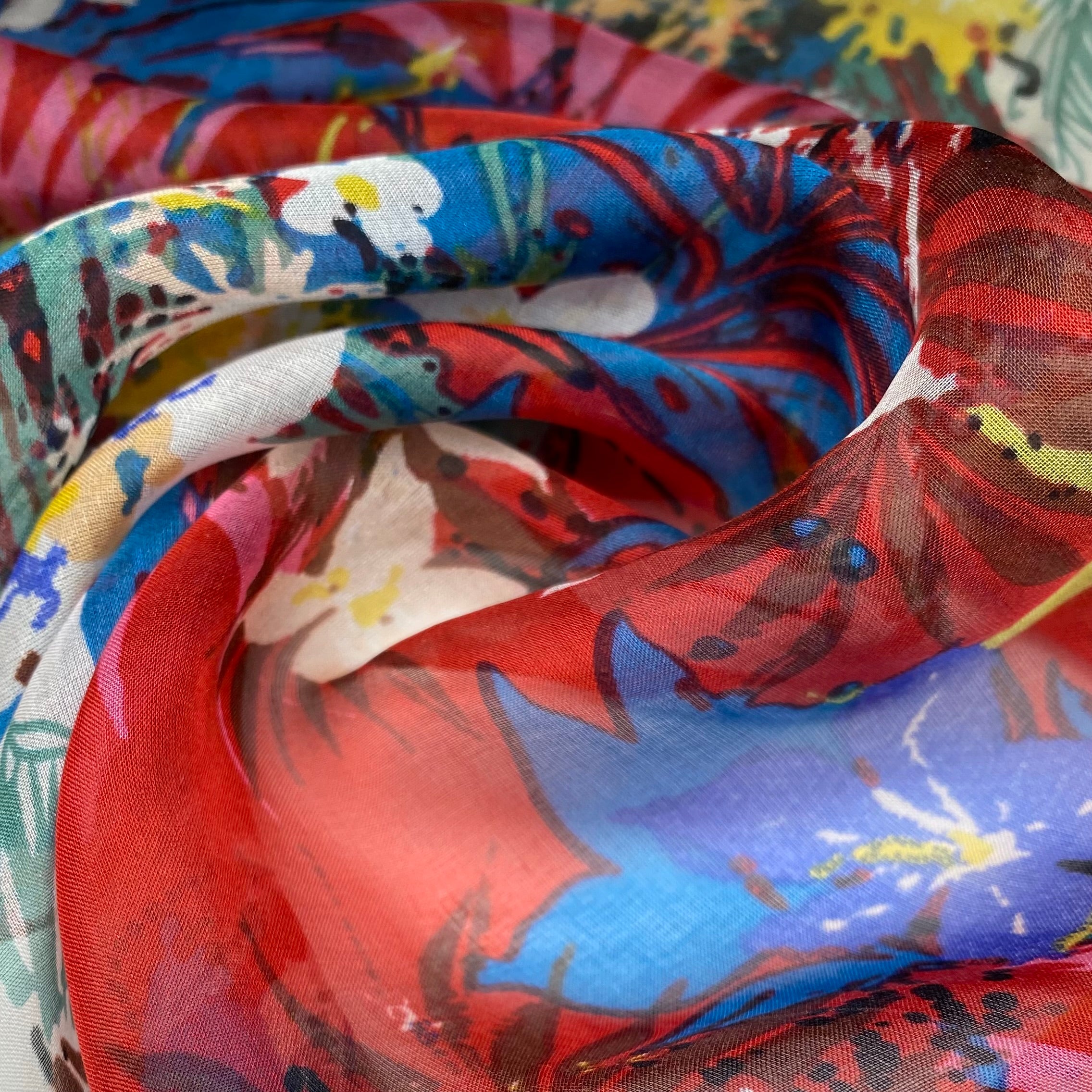 Printed Silk Chiffon - Floral - Red/Blue