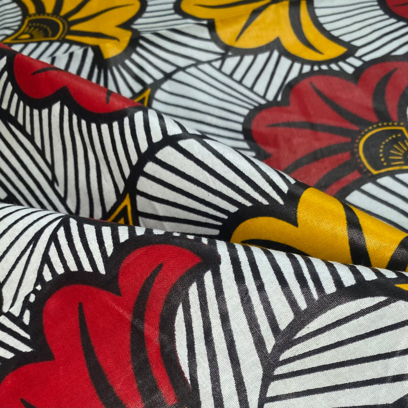 Waxed African Printed Cotton - Floral - Multi-Colour / Yellow / Red