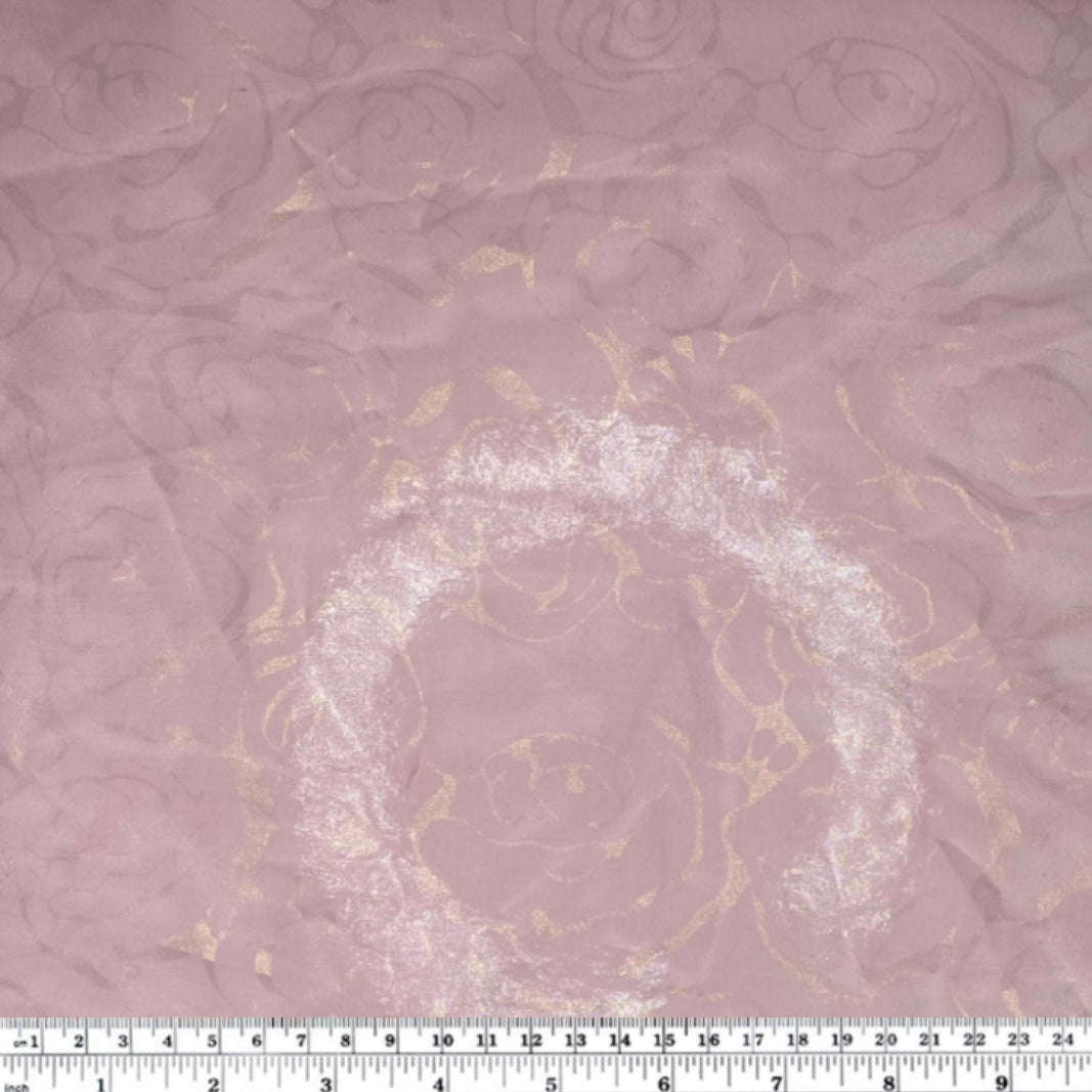 Metallic Floral Polyester Chiffon - 60” - Pink/Gold