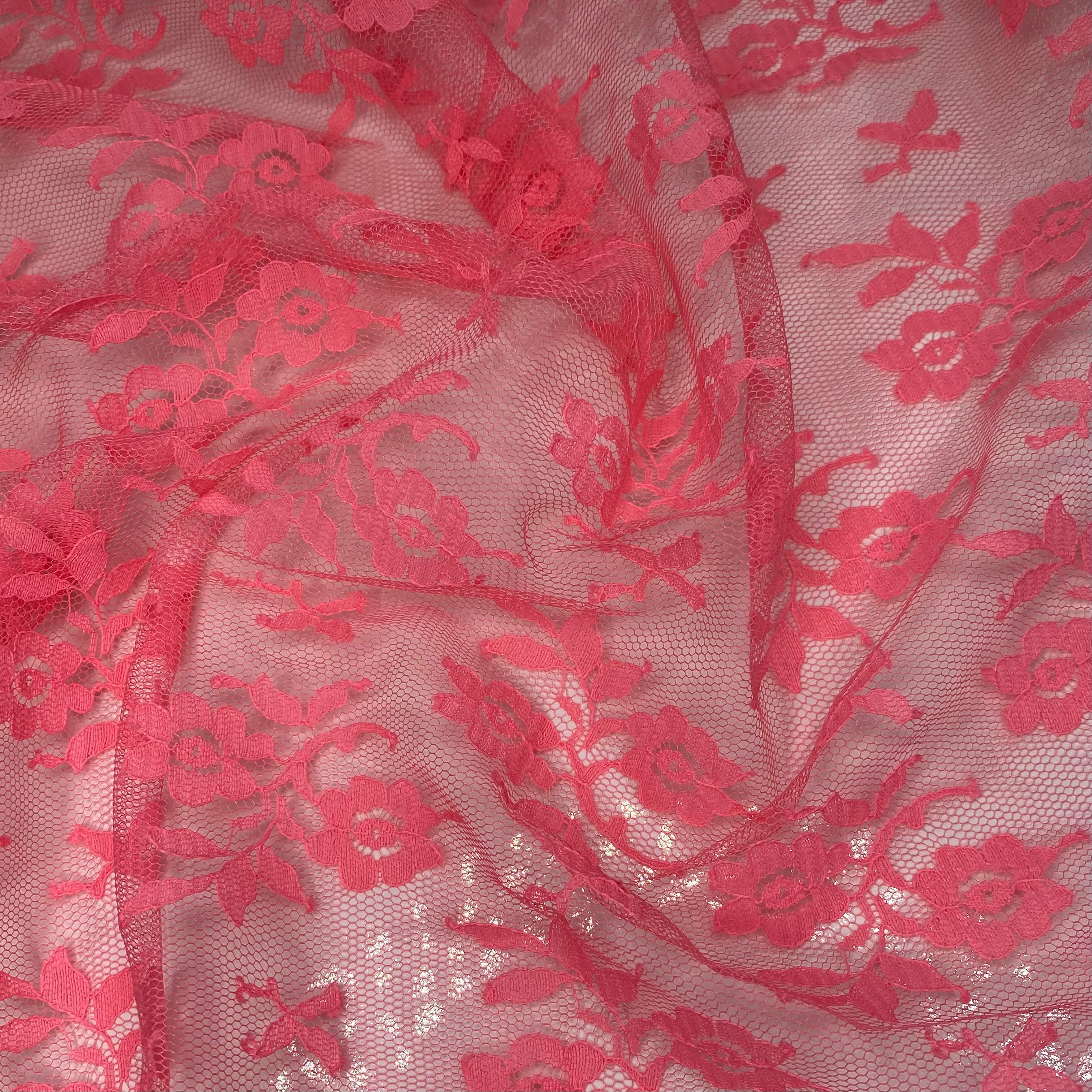 Floral Corded Lace with Scalloped Edges - Neon Pink