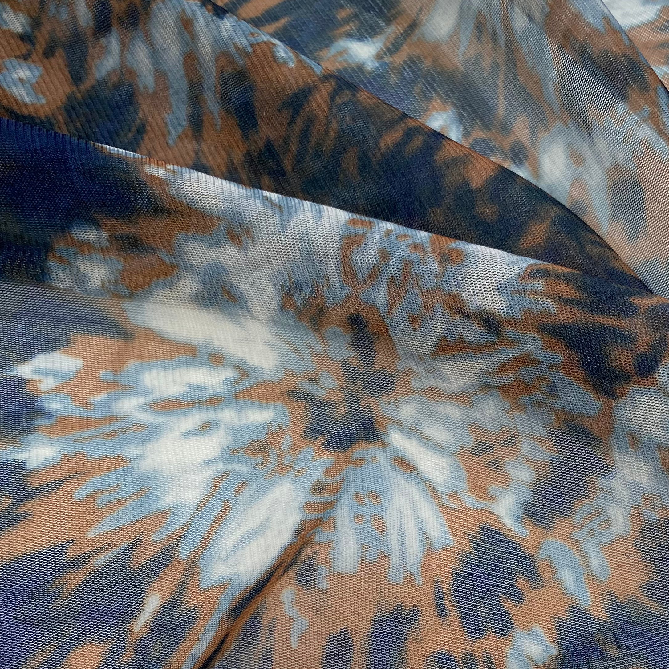 Tie Dyed Printed Stretch Mesh - Blue/Brown/White