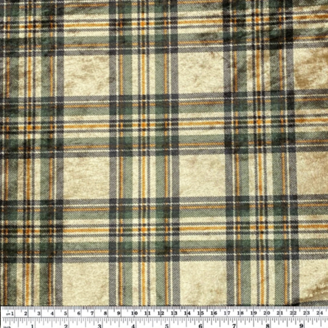 Printed Stretch Velvet - Plaid - Green/Gold