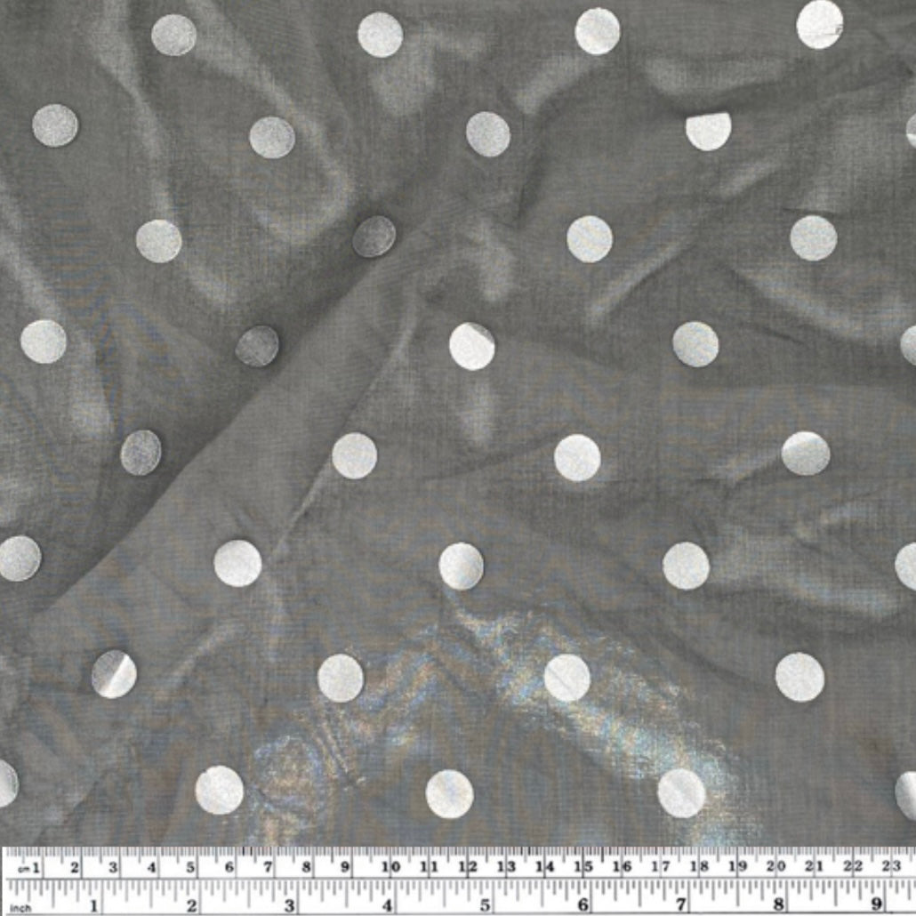 Metallic Polka Dot Polyester Organza - 60” - Black/Silver