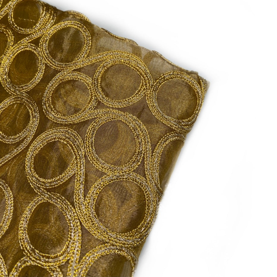 Embroidered Silk Organza - Circles - Gold
