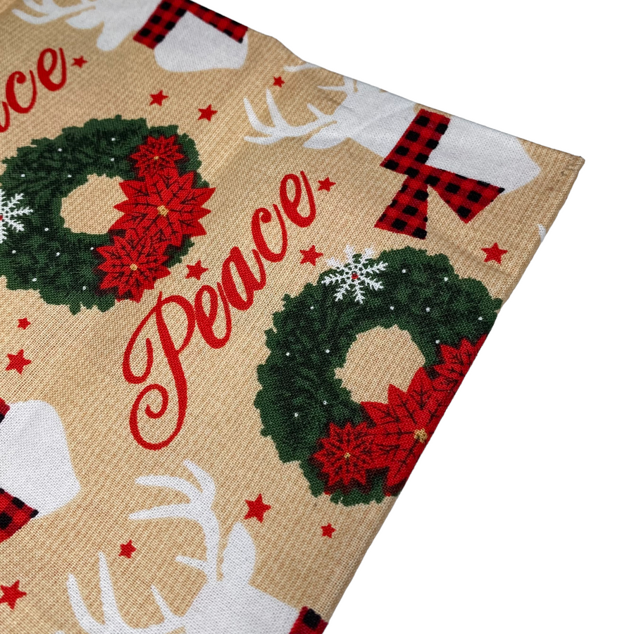 Quilting Cotton - Wreath Reindeer Peace Print - Remnant