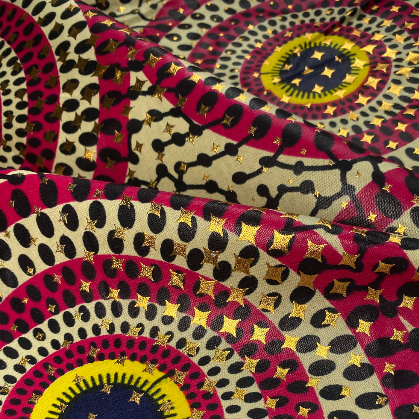 Waxed African Printed Cotton - Circles - Metallic Gold/Yellow/Pink