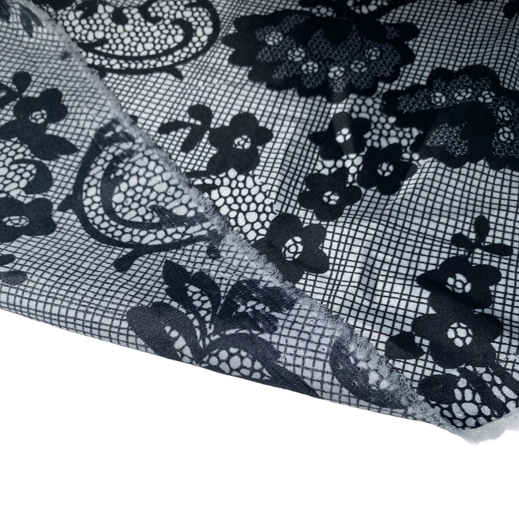 Printed Polyester Charmeuse - Floral Lace Print - White/Black