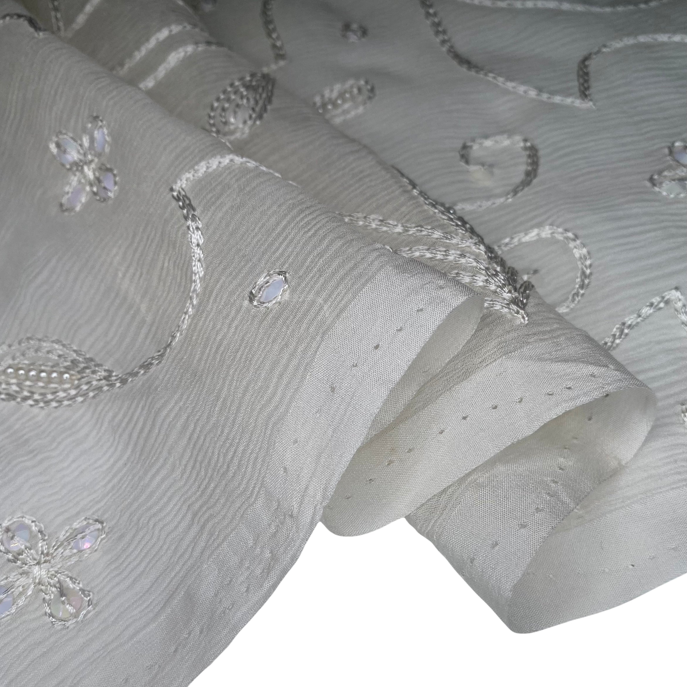 Embroidered Beaded Crinkled Silk Chiffon - White