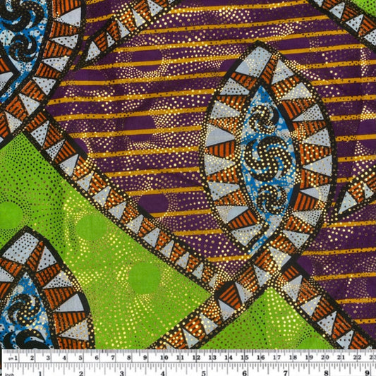 African Printed Cotton - Metallic Gold - Multi-Colour / Green/Purple