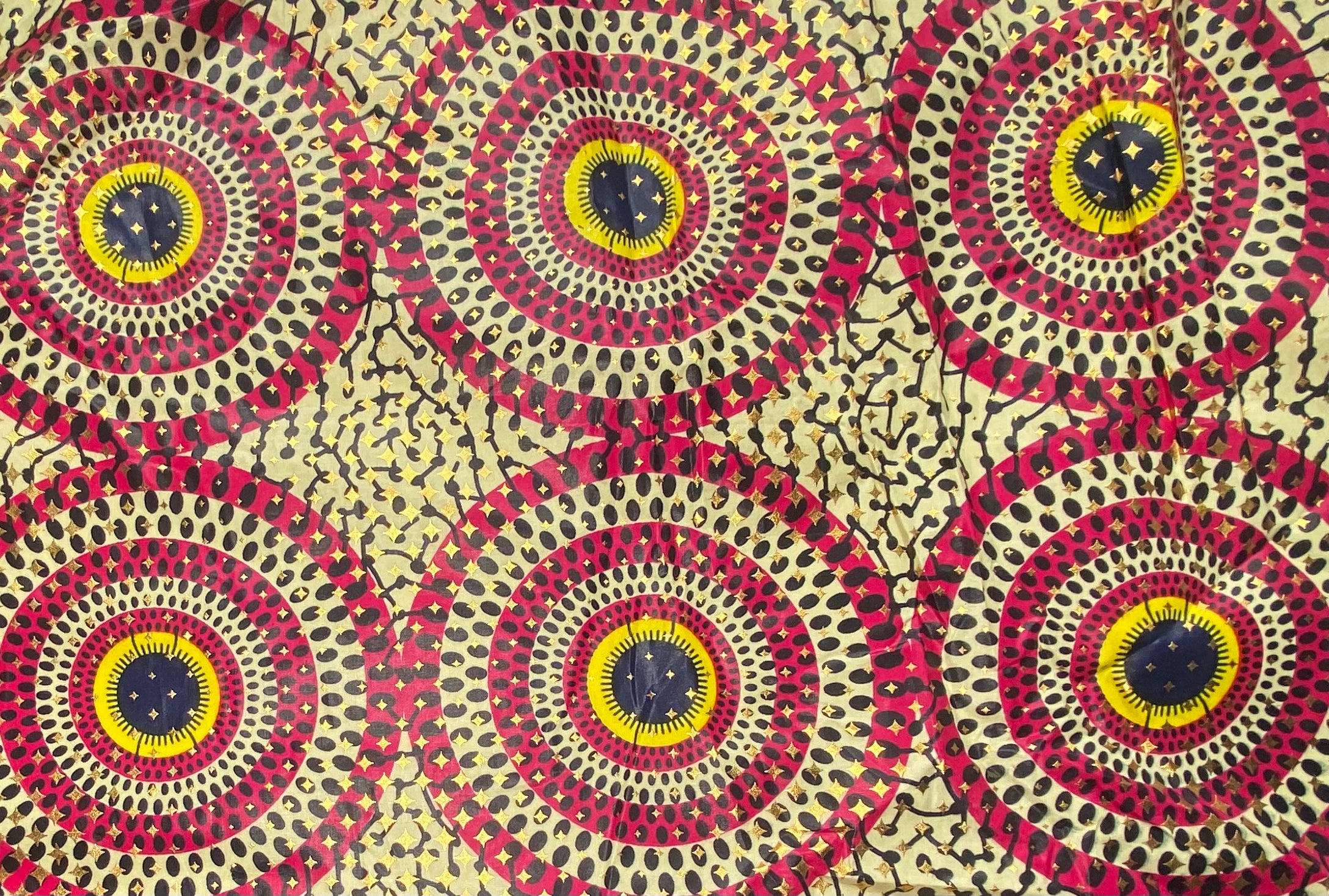 Waxed African Printed Cotton - Circles - Metallic Gold/Yellow/Pink