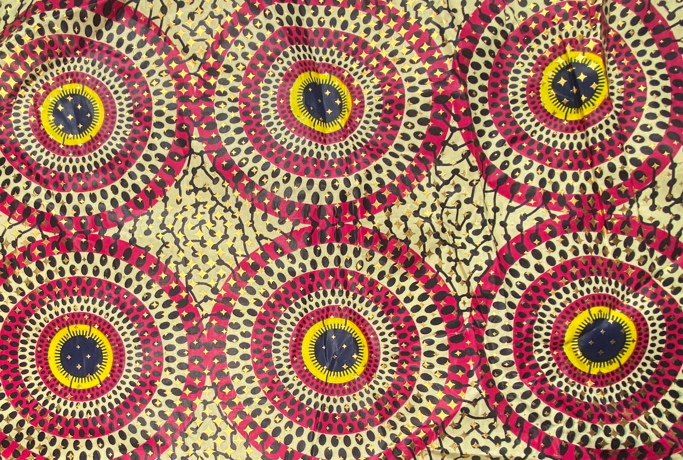 Waxed Metallic African Printed Cotton - Circles - Yellow/Pink