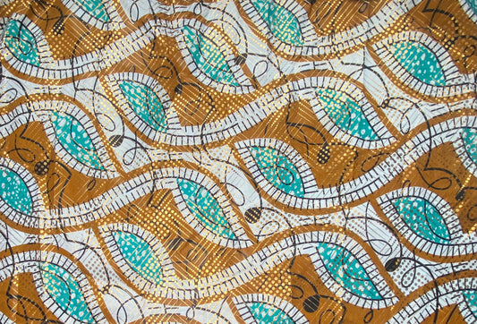 Waxed African Printed Cotton - Metallic Gold - Multi-Colour / Blue