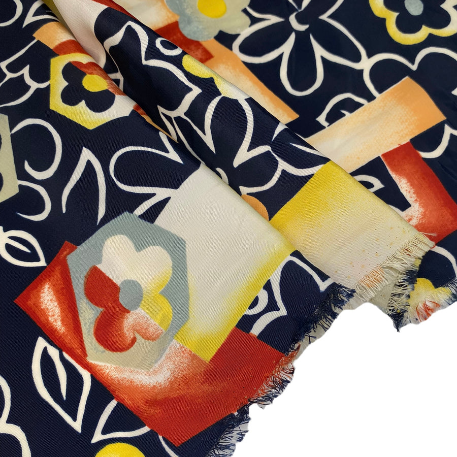 Geometric Floral Printed Polyester - 44” - Navy/Yellow/Red