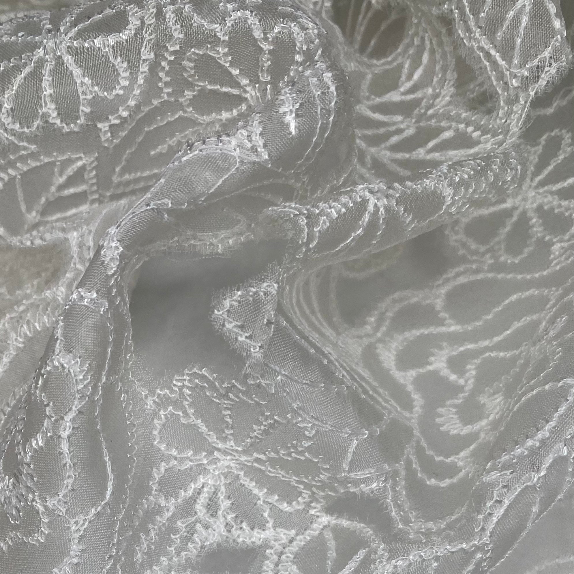 Embroidered Laser Cut Silk Organza  - Floral - White