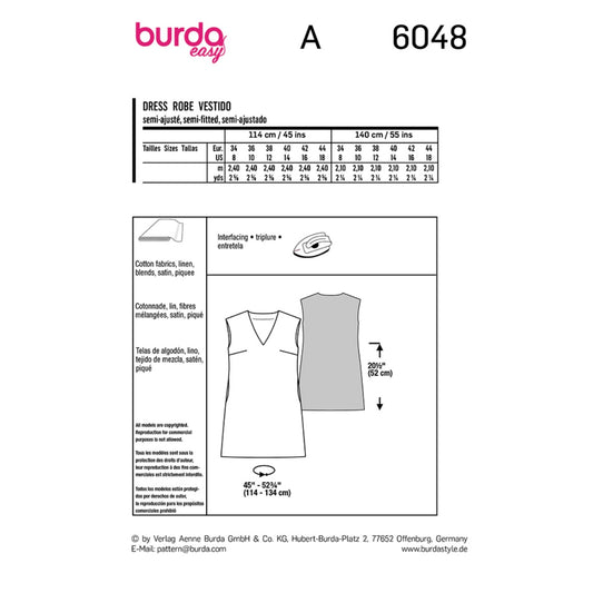 Shift Dress with V-Neck Sewing Pattern - Burda Easy 6048