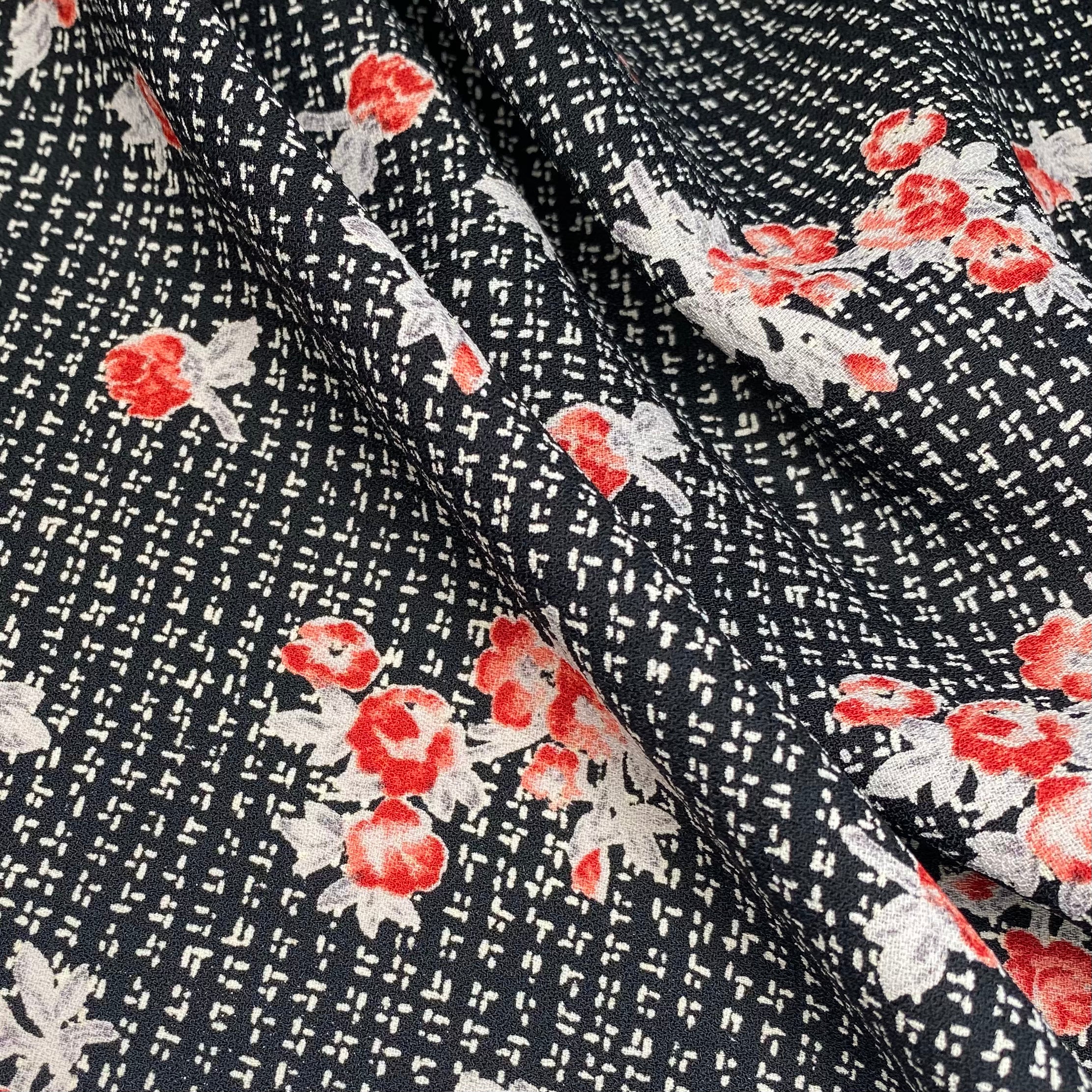Floral Printed Polyester Crepe - 44” - Black/Red