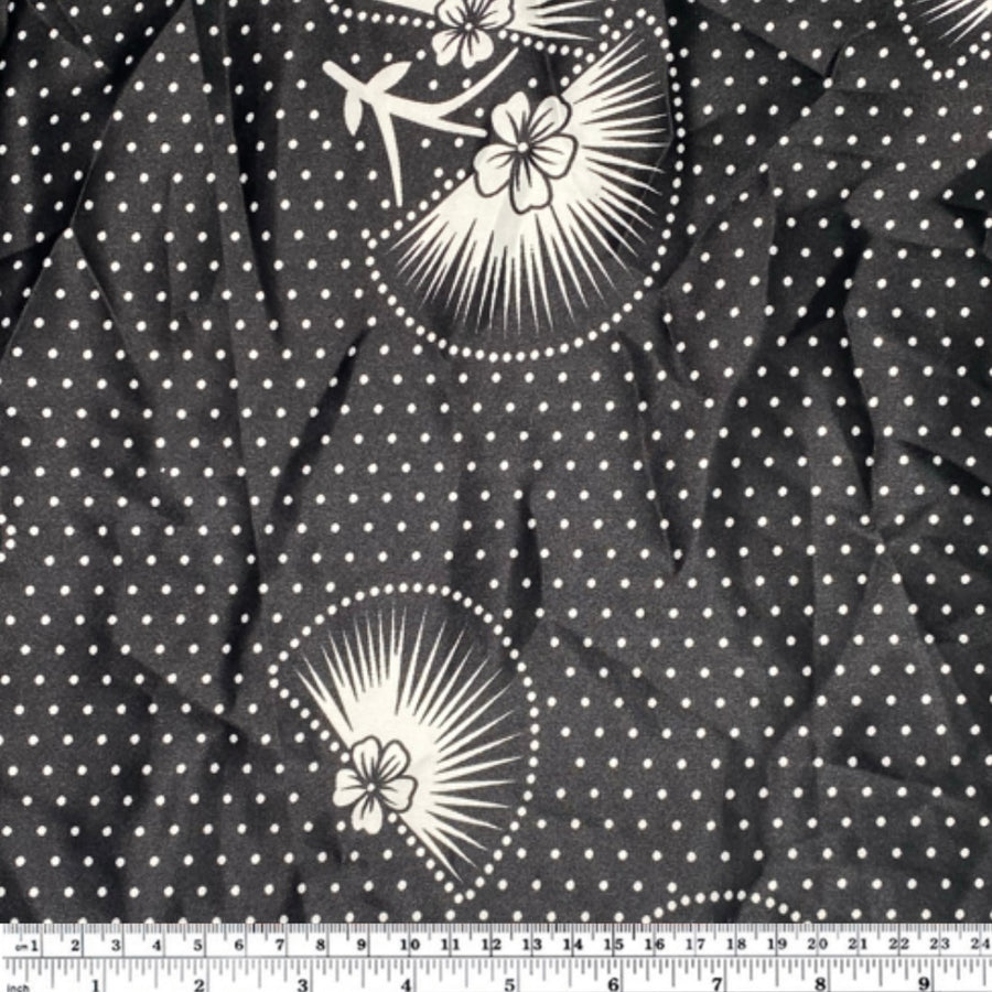 Stretch Printed Polyester Charmeuse - Fans/Polka Dots - Black/White