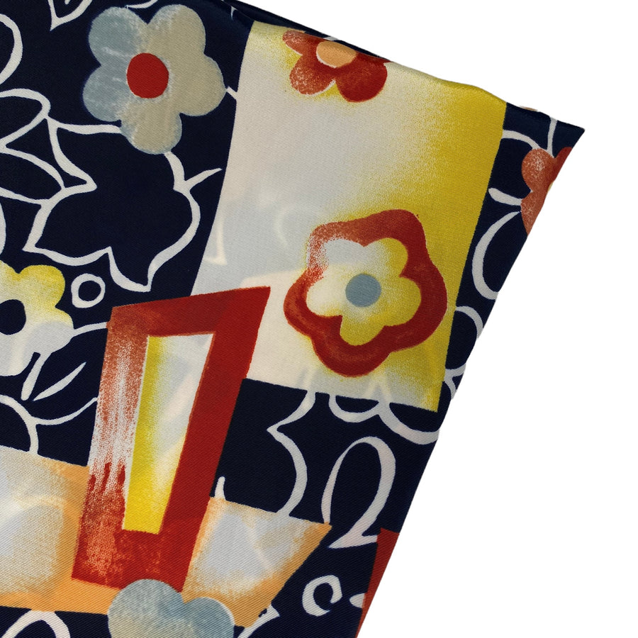 Geometric Floral Printed Polyester - 44” - Navy/Yellow/Red