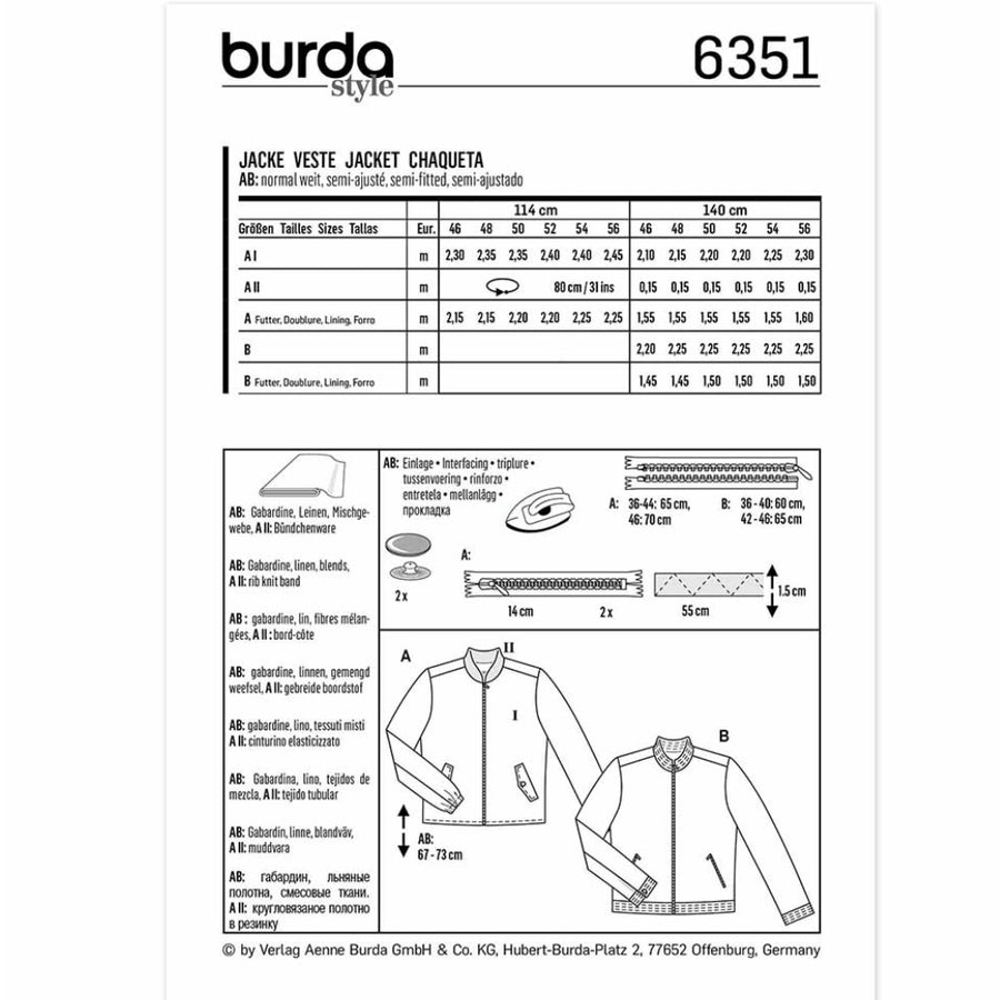 Burda Style 6351 - Men’s Jacket Sewing Pattern