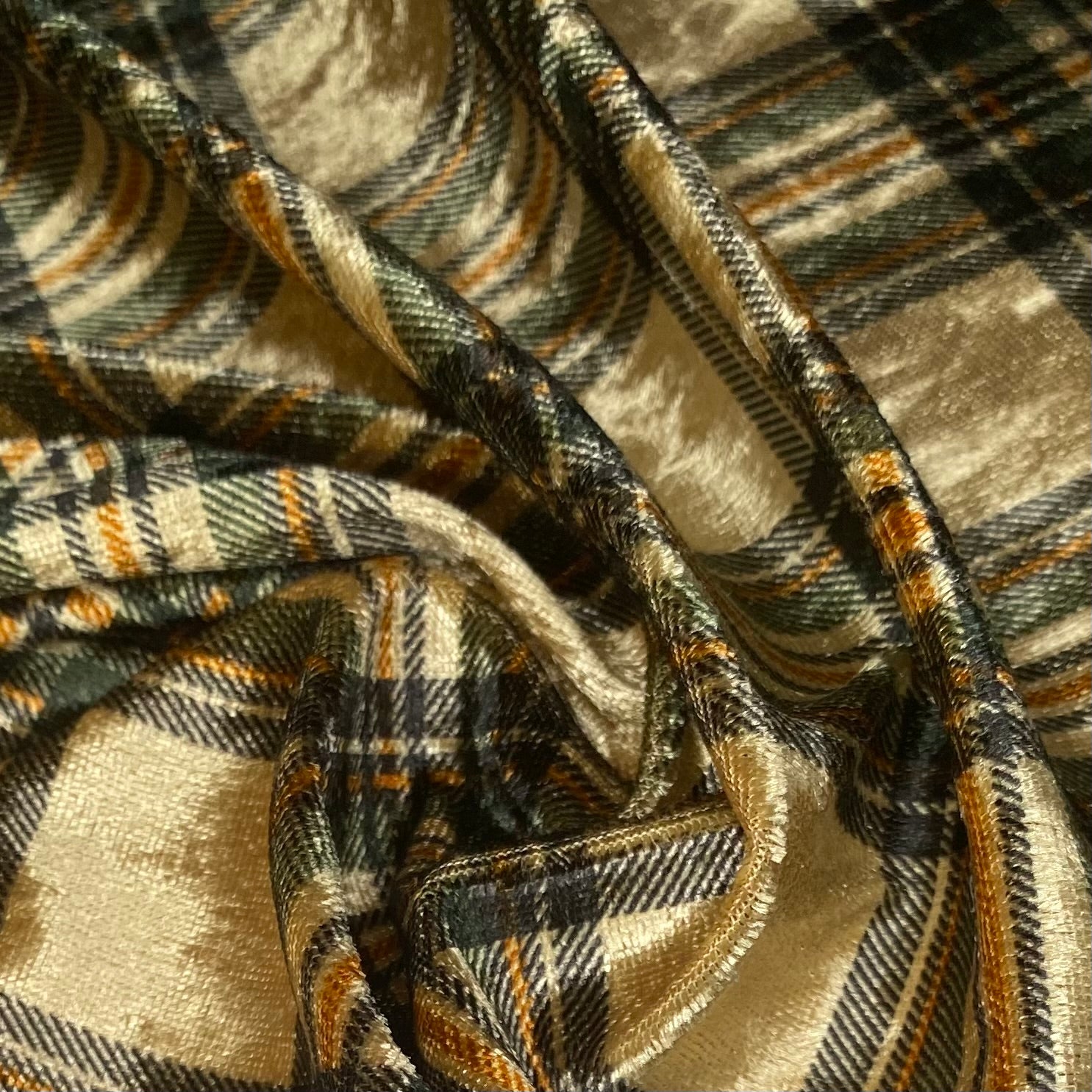 Printed Stretch Velvet - Plaid - Green/Gold