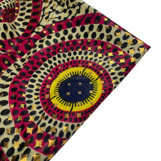 Waxed African Printed Cotton - Metallic Gold - Circles - Multi-Colour / Yellow / Pink