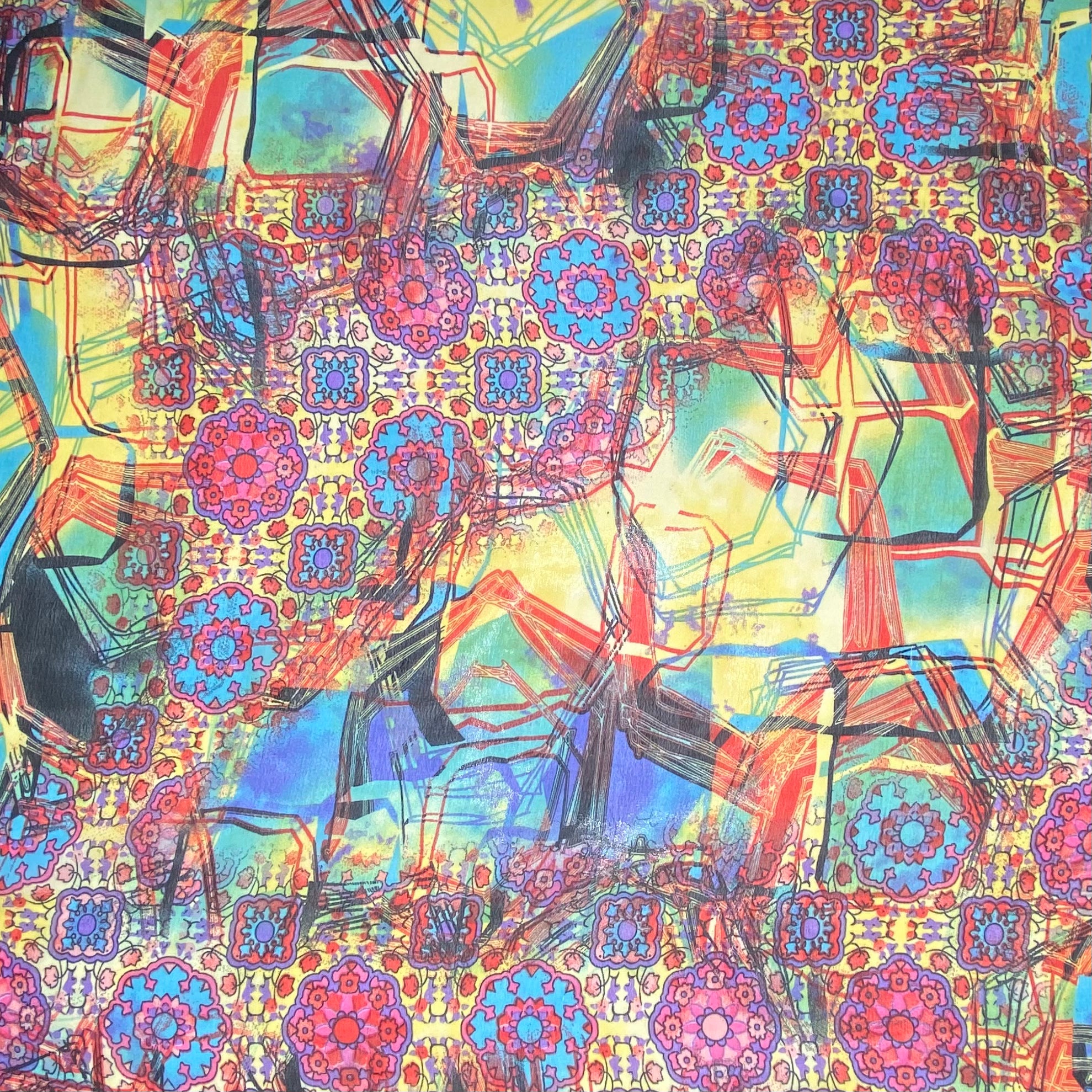 Printed Polyester Chiffon - Abstract Print - Blue/Yellow/Pink