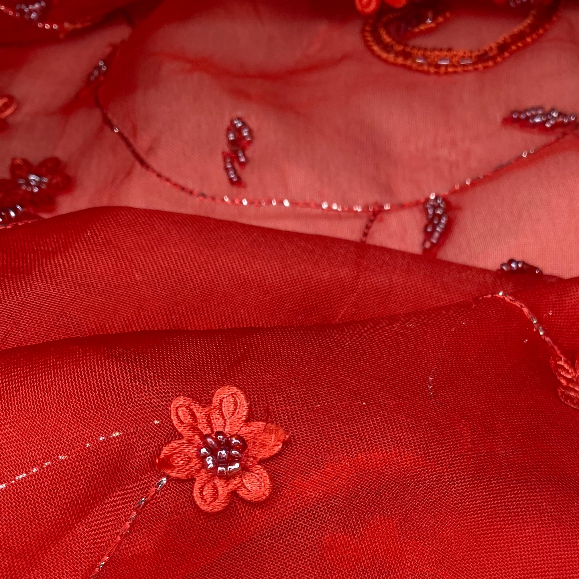 Embroidered Beaded Silk Organza - Red