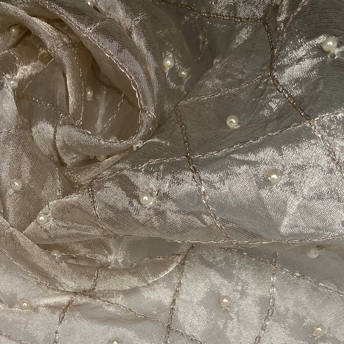 Diamond Embroidered Beaded Silk Organza - Beige