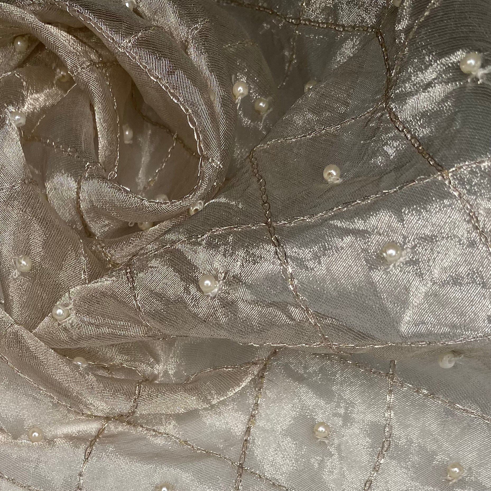 Diamond Embroidered Beaded Silk Organza - Beige