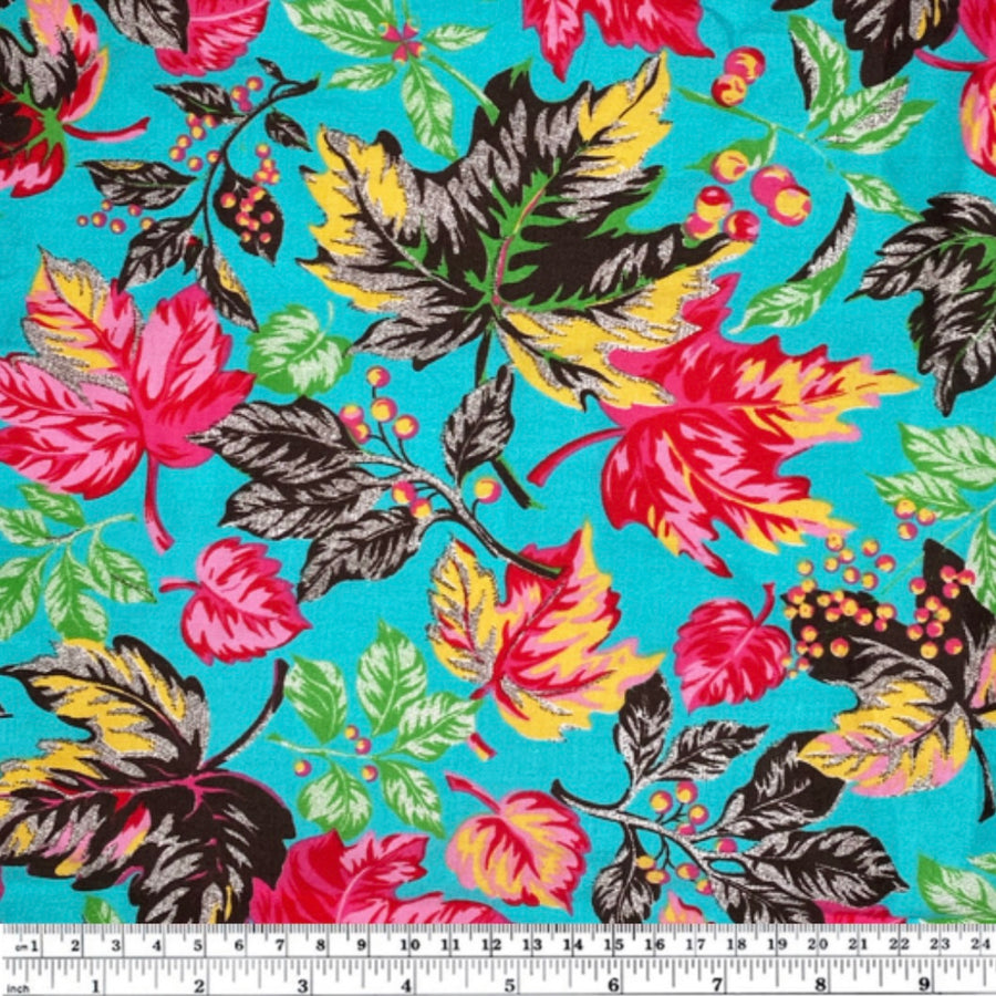Leaf Stretch Cotton Poplin  - 40” - Aqua/Pink/Brown