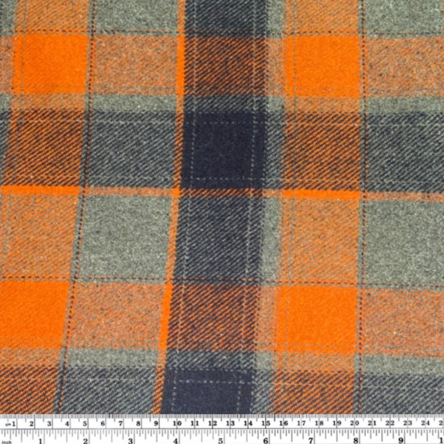 Plaid Coating Wool Blend - Orange/Blue/Grey