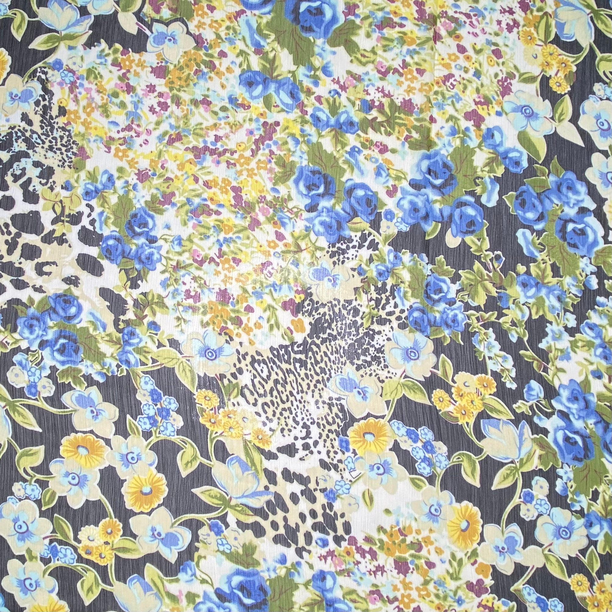 Crinkled Printed Polyester Chiffon - Floral - Blue/Yellow/Black/White