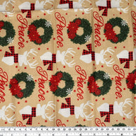 Quilting Cotton - Wreath Reindeer Peace Print - Remnant