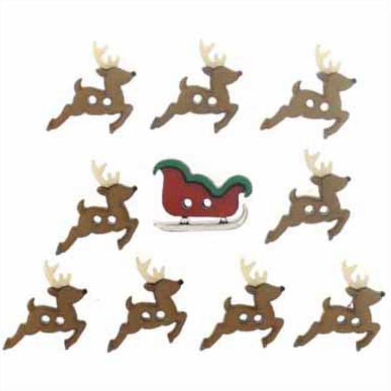 Novelty Christmas Buttons - Reindeer Sleighs - 10pcs