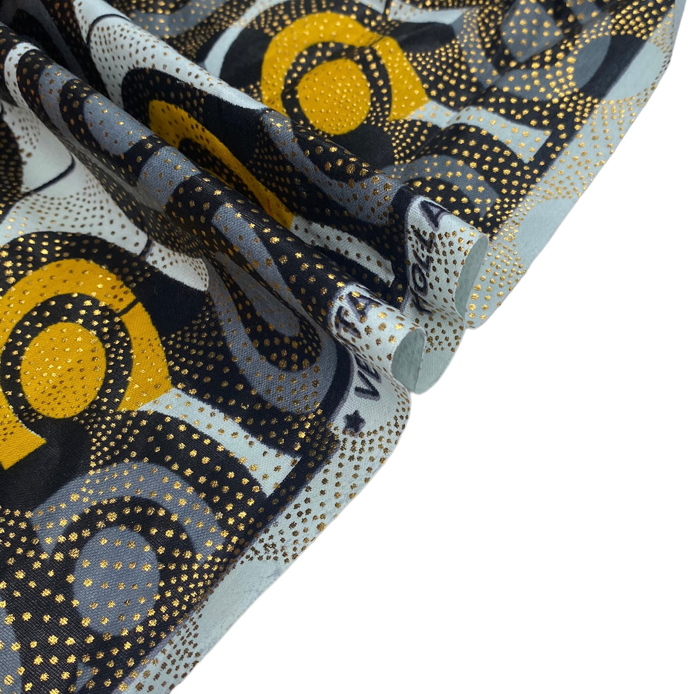 Waxed Metallic African Printed Cotton - Grey/Black/Yellow