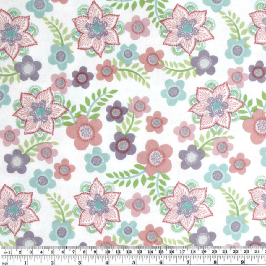 Printed Cotton Flannel - Flowers - White
