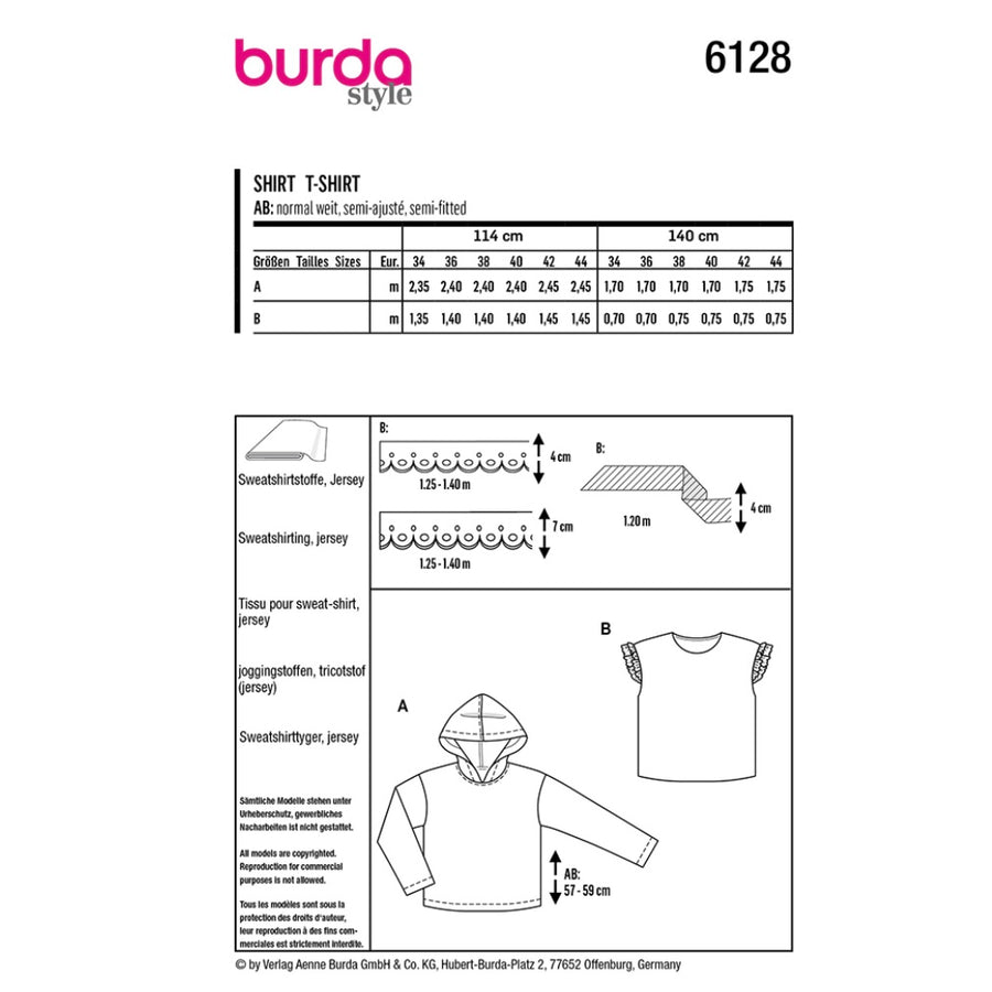 Hoodie Sweatshirt Sewing Pattern - Burda Style 6128