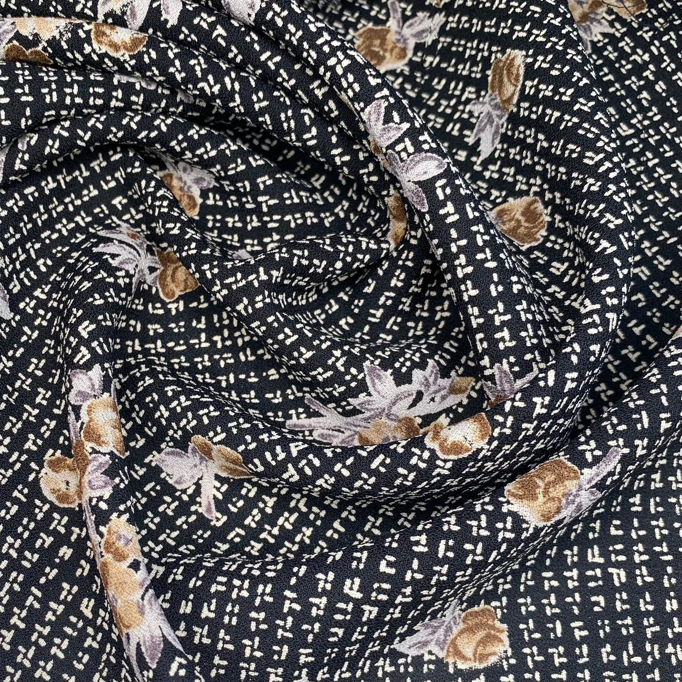 Floral Printed Polyester Crepe - 44” - Black/Beige