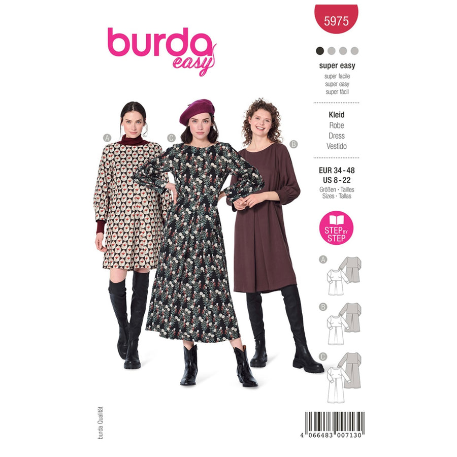 Dress with Scooped Neckline and Sleeve Bands Sewing Pattern - Burda Easy 5975