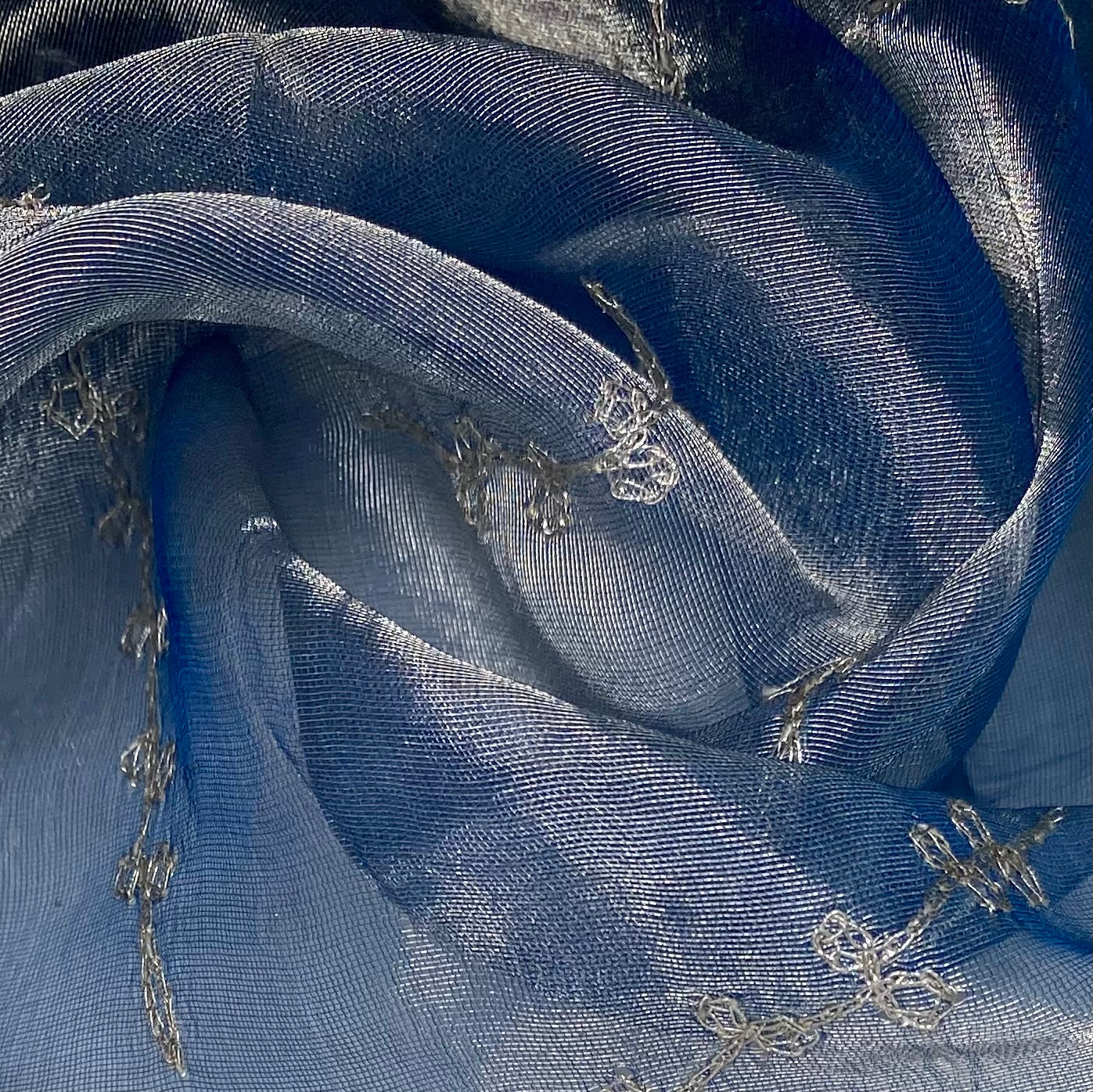 Shot Embroidered Silk Organza - Blue/Silver