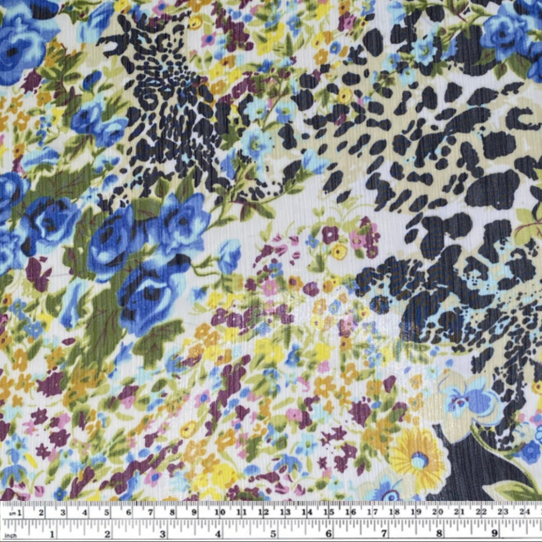 Crinkled Printed Polyester Chiffon - Floral - Blue/Yellow/Black/White