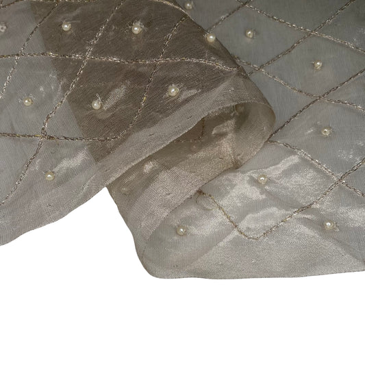 Diamond Embroidered Beaded Silk Organza - Beige
