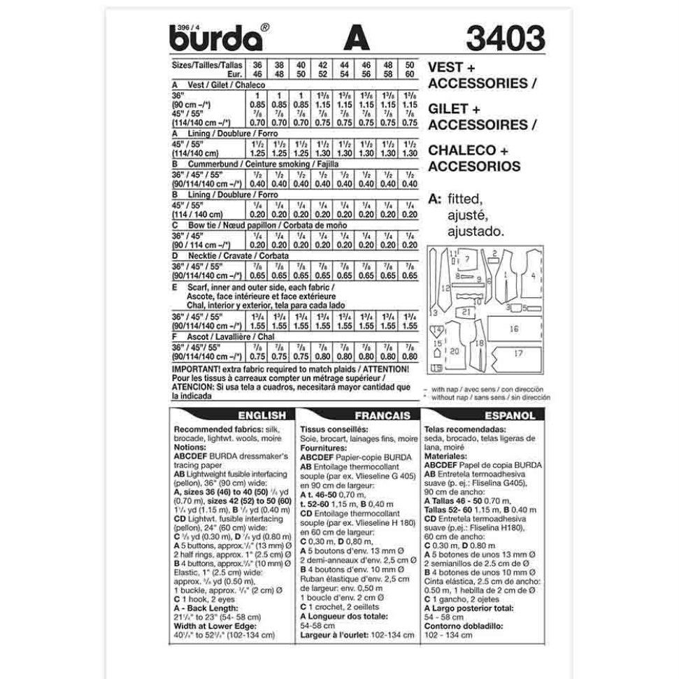 Burda Style 3403 - Men’s Vest/Accessory Sewing Pattern